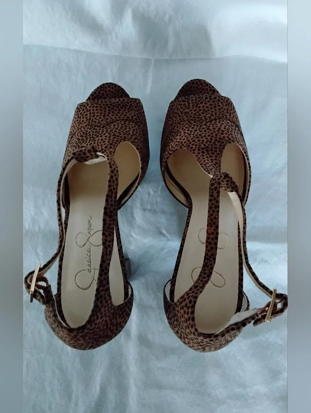 Jessica Simpson Dany Brown Leopard-Print Platform T-Strap Heels